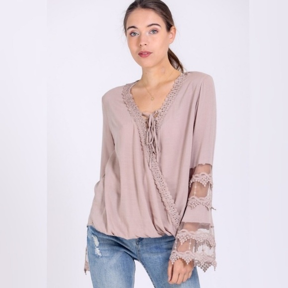Tops - LAST: Small Lace Surplice Top in Taupe